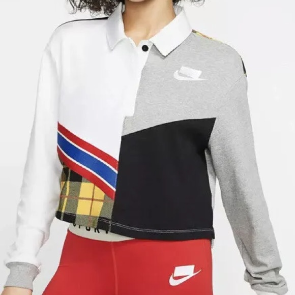 NIKE WOMEN SPORTSWEAR LONG SLEEVE POLO TOP CROP SWEATSHIRT MULTI Large - Picture 1 of 7
